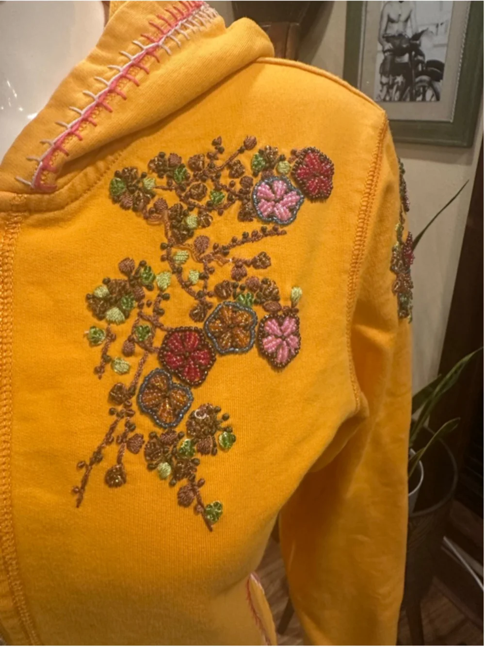 Twisted Heart America Yellow Beaded Embroidered Hoodie Boho Stitch Y2K - Picture 5 of 11